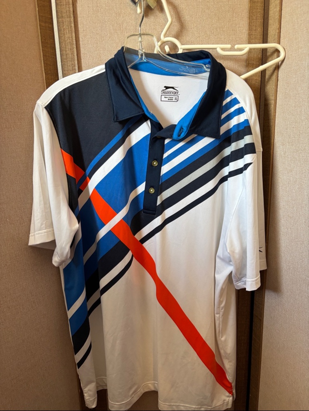 Slazenger Men’s White Polo with Blue, Black and Red Stripes XL